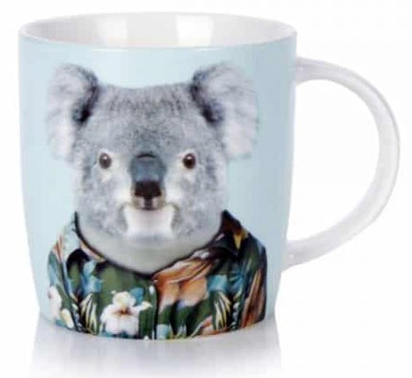 Mug with a koala wearing a floral shirt on a light blue background