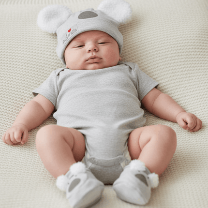 baby wearing koala grey hat and booties
