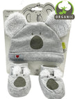 Baby hat and booties set with koala design in packaging, featuring 'I love Australia' text.