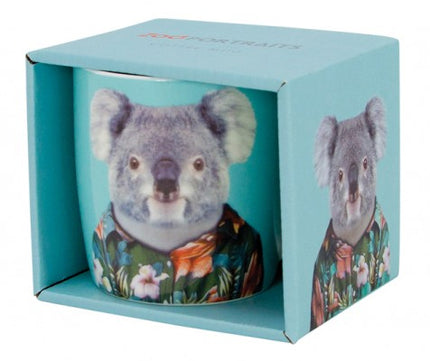 Mug with a koala design in a floral shirt, displayed in a blue box.