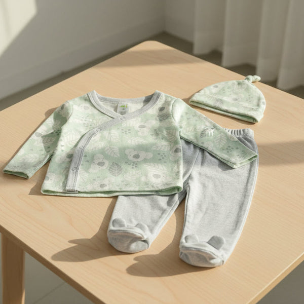 Baby outfit set with green floral patterned top, gray pants, and matching hat on a table