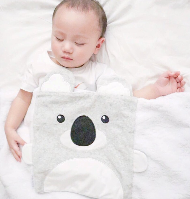 Baby sleeping with a koala-shaped toy on a white background