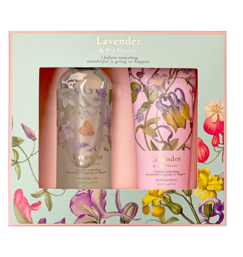 Lavender and tea flower themed body wash and lotion set on a decorative box with floral designs.
