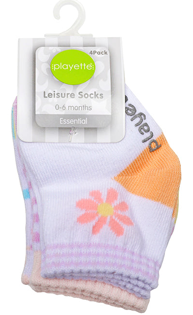 Set of baby socks with a floral design on a white background, featuring a 'playette' brand tag.
