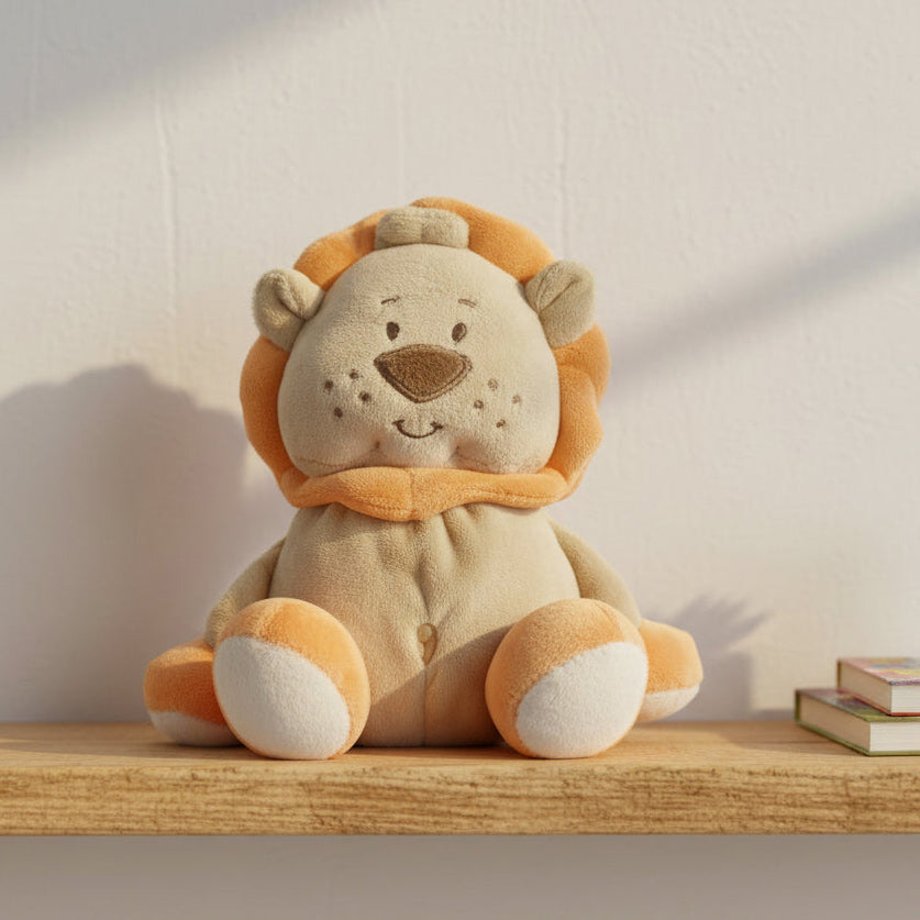 orange and brown beanie lion soft toy sitting a shelf
