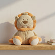 orange and brown beanie lion soft toy sitting a shelf