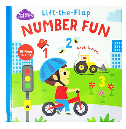 Children's book titled 'Lift-the-Flap Number Fun' with a child on a bike and traffic light illustration.