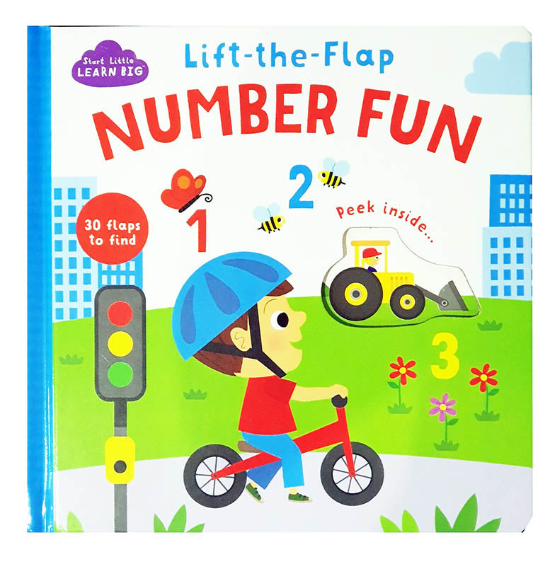 Children's book titled 'Lift-the-Flap Number Fun' with a child on a bike and traffic light illustration.