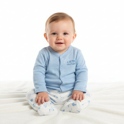 Baby pants with blue pattern, blue jacket with little gentlemen print on a white background