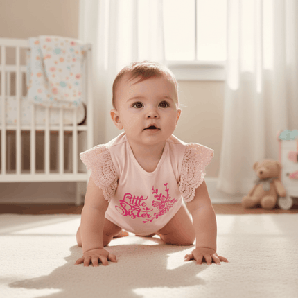 pink little sister top on baby whilst crawling