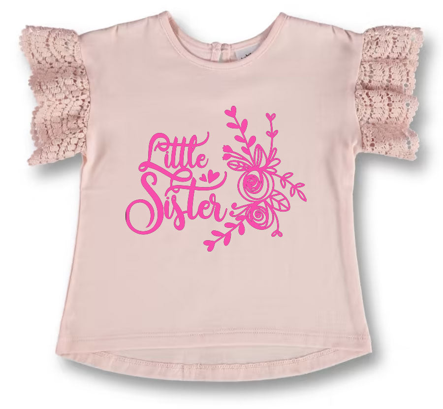 Pink shirt with 'Little Sister' text and floral design on a white background