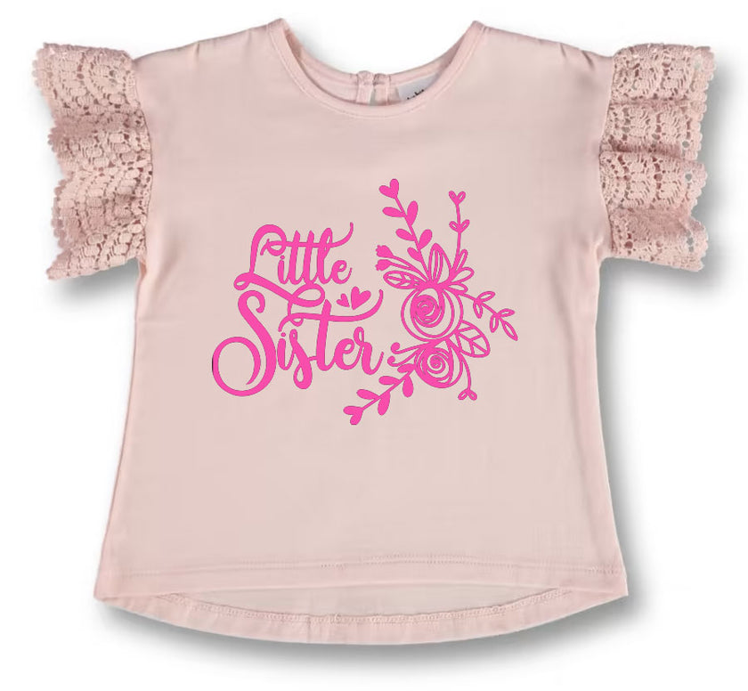 Pink shirt with 'Little Sister' text and floral design on a white background