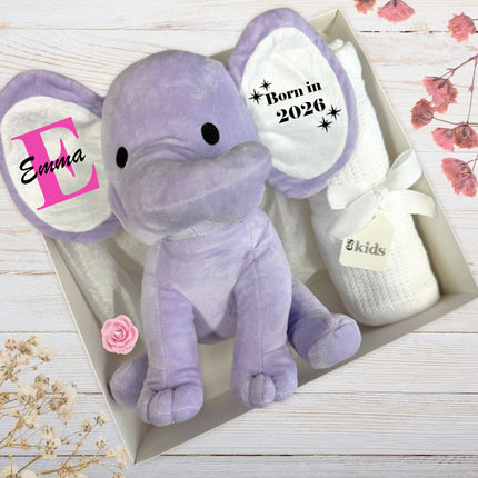 purple plush elephant in gift box with Emma personalised on the ears