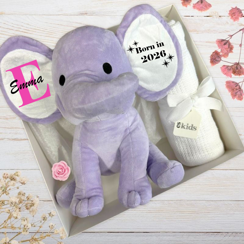 purple plush elephant in gift box with Emma personalised on the ears