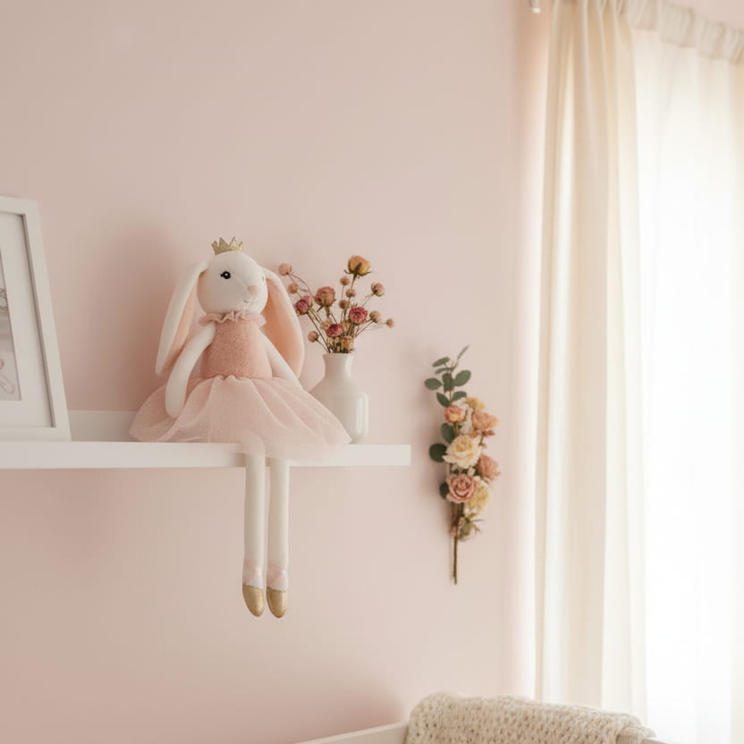 Pink Ballerina Bunny wearing a crown sitting on a shelf