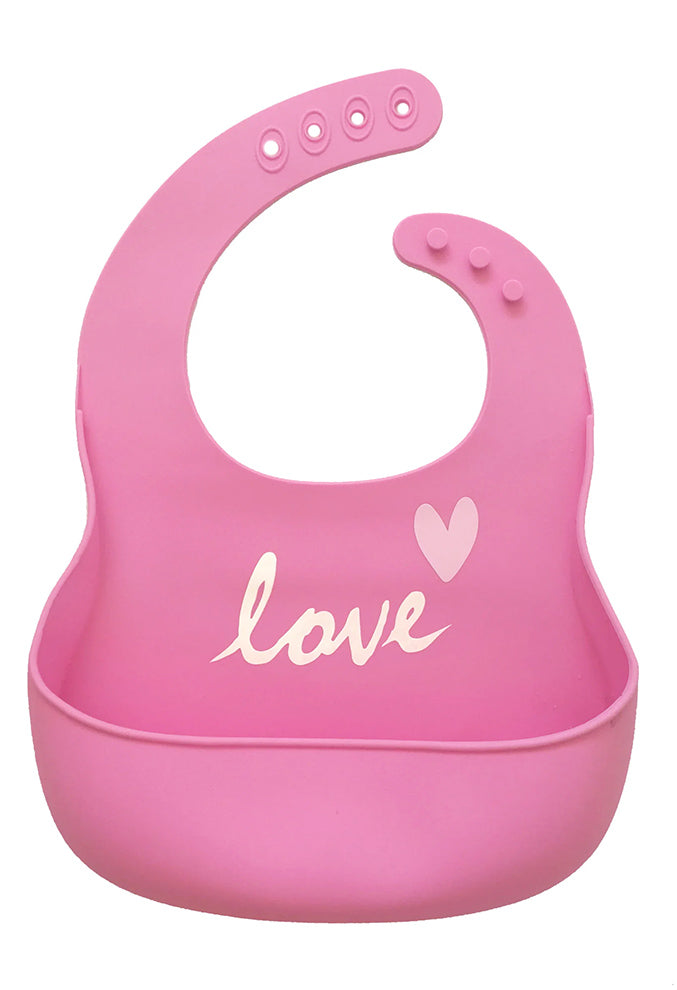 Pink baby bib with 'love' and a heart design on a white background