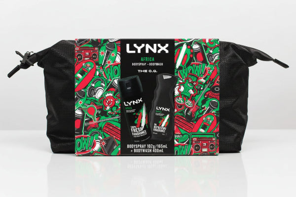 Lynx grooming set with body spray and body wash in a decorative box on a white background