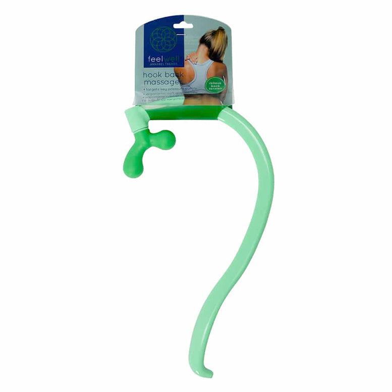 Green hook back massager on a white background with packaging above it.