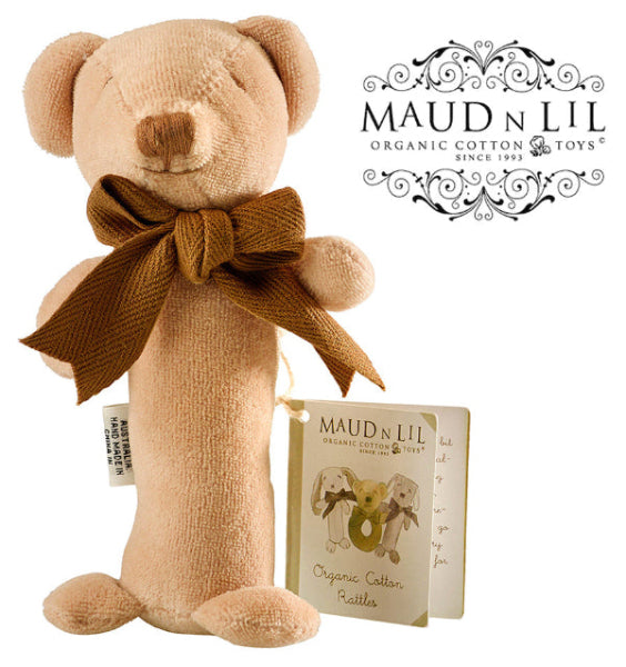 Beige plush toy with a brown bow and Maud n Lil branding on a white background