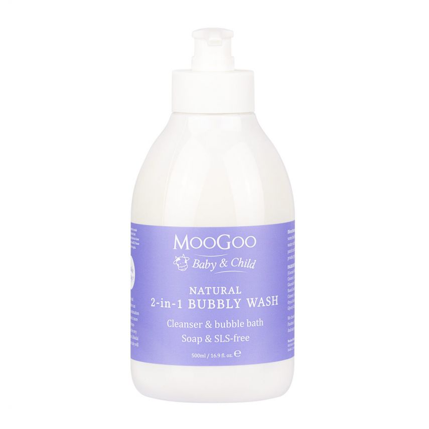 Bottle of Moogoo natural 2-in-1 bubbly wash on a white background
