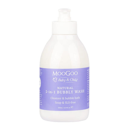 Bottle of Moogoo natural 2-in-1 bubbly wash on a white background
