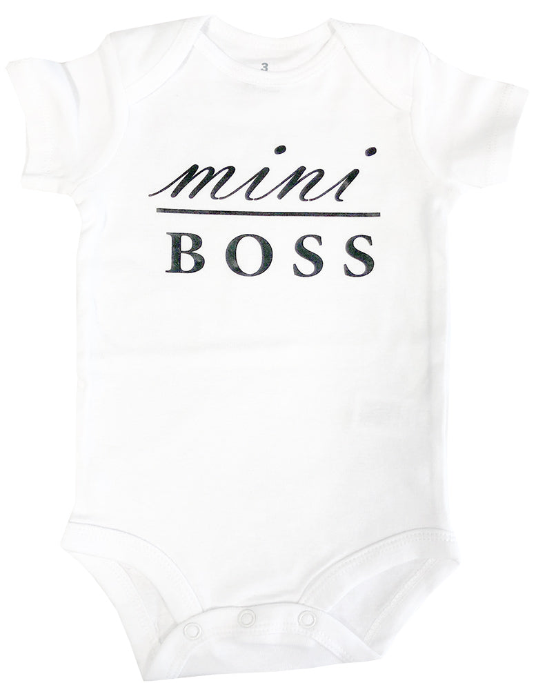 White baby onesie with 'mini BOSS' text on a white background