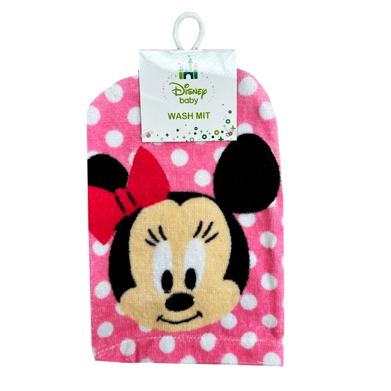 Baby Girl Minnie Mouse face washer with pink polka dot background with a Disney tag.