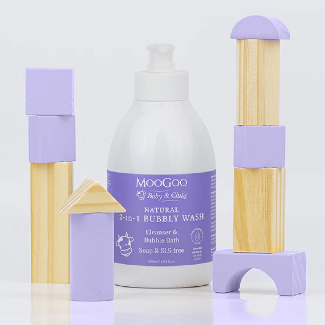 MooGoo baby and child product with wooden blocks on a light background