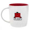 White mug with red interior and 'Mr. Strong' character on a white background
