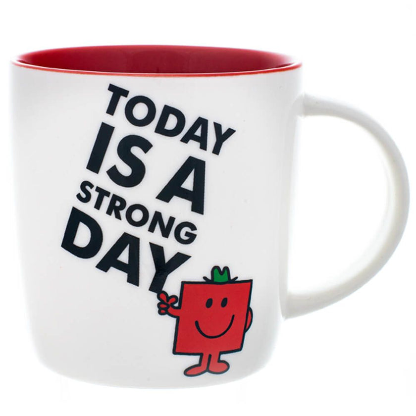 White mug with red interior, black text 'Today is a strong day', and a red character holding a green leaf on a white background.