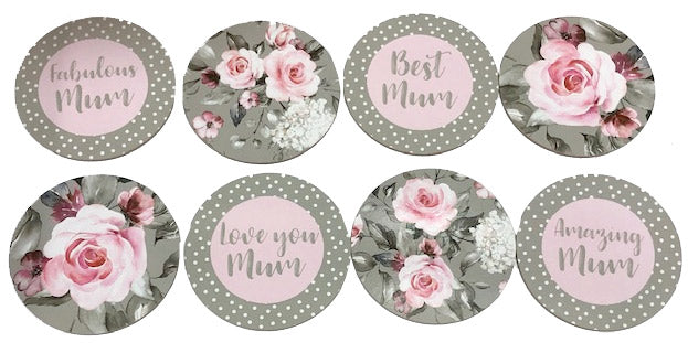 Set of circular cards with floral designs and text messages on a white background