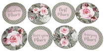 Set of circular cards with floral designs and text messages on a white background