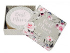 Set of coasters with floral design and 'Best Mum' text in a box