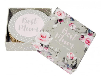 Set of coasters with floral design and 'Best Mum' text in a box
