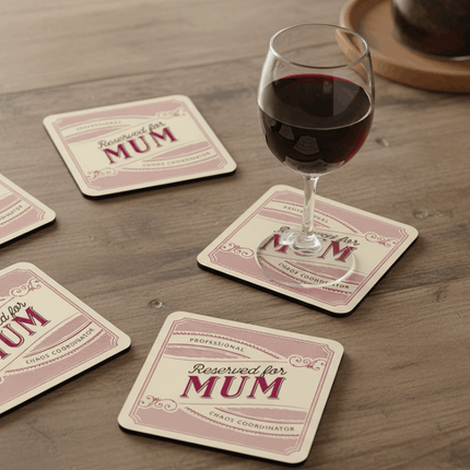 Mum Drink Coasters on the table with a glass of wine