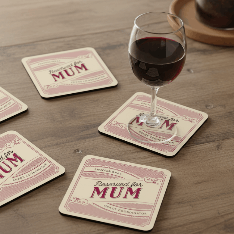 Mum Drink Coasters on the table with a glass of wine