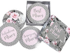 Set of floral coasters with 'Best Mum' text in a decorative box on a white background
