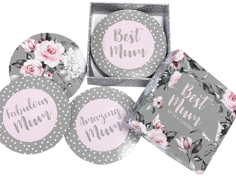 Set of floral coasters with 'Best Mum' text in a decorative box on a white background