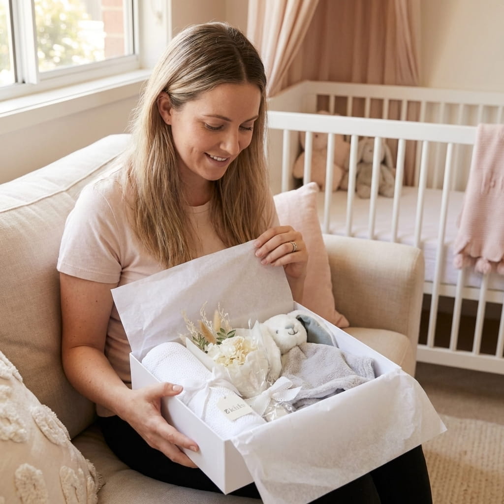 mum opening a baby gift hamper 