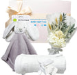 Baby gift set with gray security blanket, white blanket, and bouquet of flowers, branded 'Blankie Friend' and 'Baby Gift Co'.