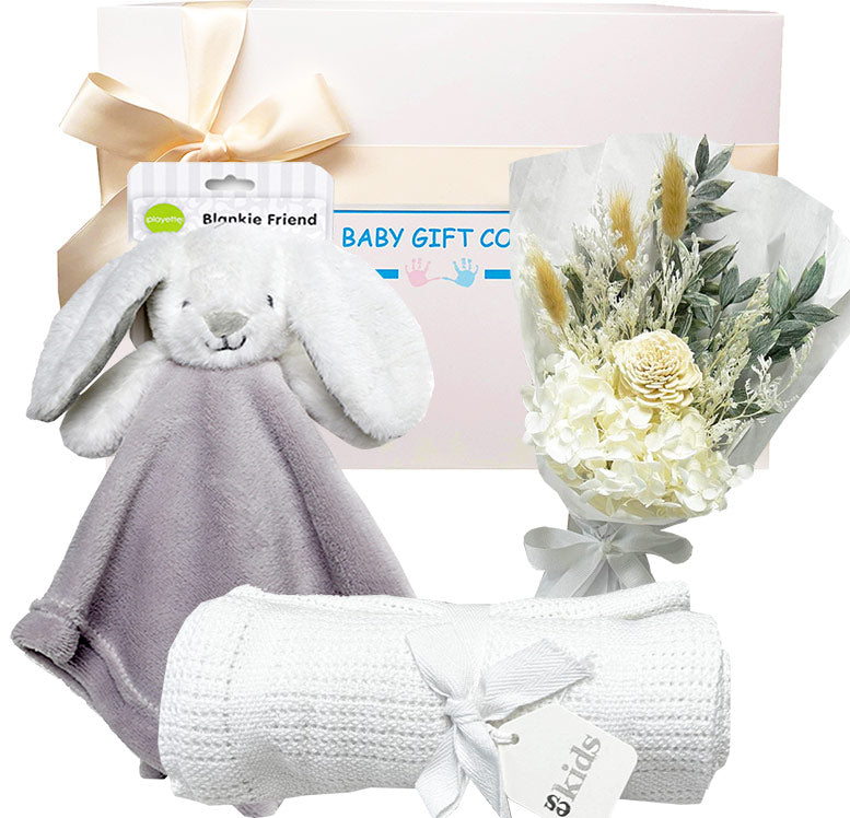 Baby gift set with gray security blanket, white blanket, and bouquet of flowers, branded 'Blankie Friend' and 'Baby Gift Co'.