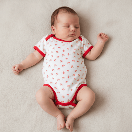 sleeping baby wearing red mushroom romper