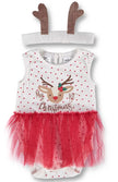 Baby outfit with red polka dot dress, reindeer headband, and 'My 1st Christmas' text on a white background.