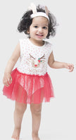 Child wearing a white top with reindeer design and pink tutu skirt on a white background