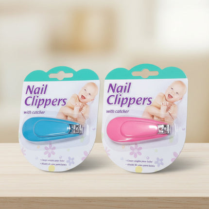 Two packages of nail clippers with a baby on each, one blue and one pink