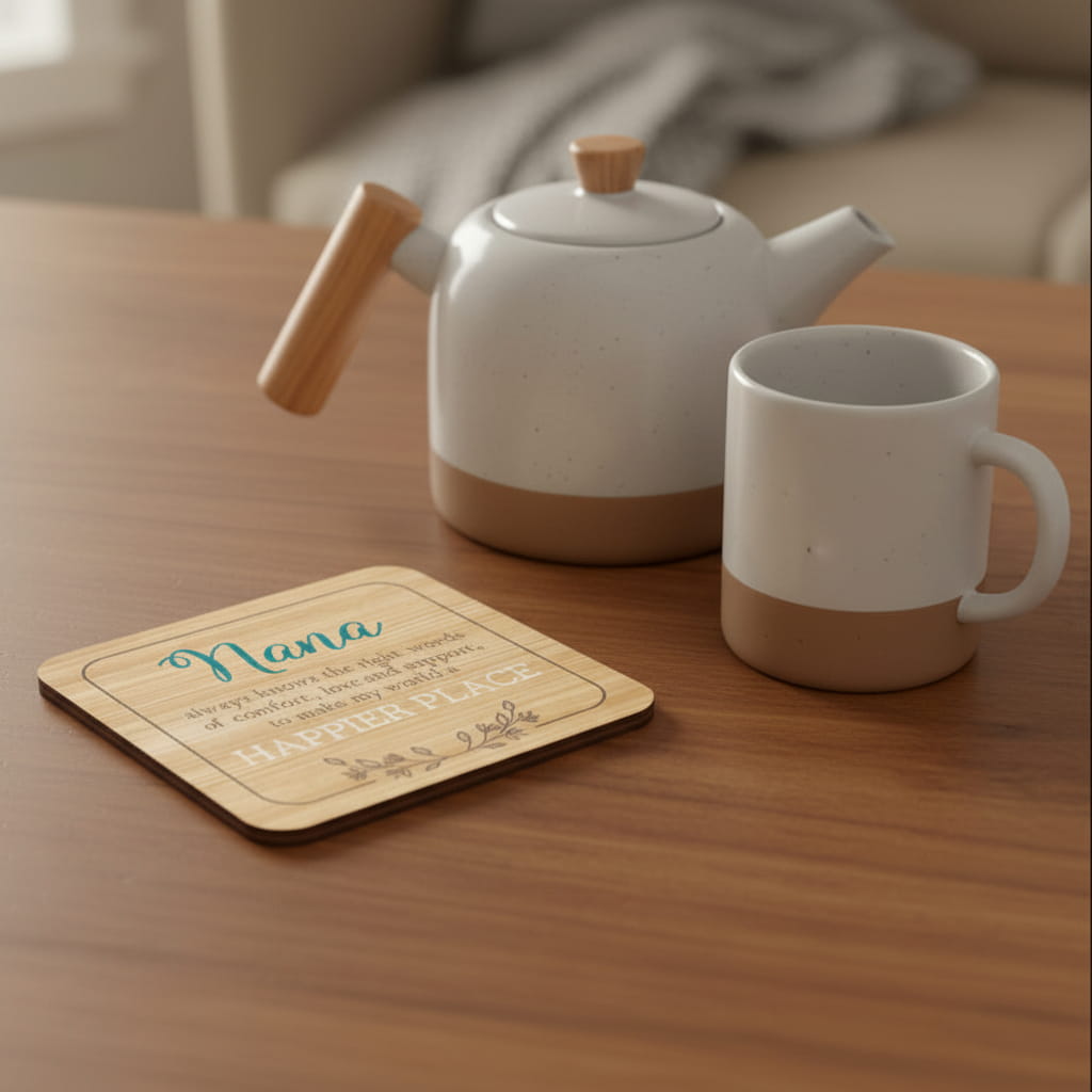 Wooden nana coaster on a table with a tea pot and mug
