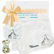White Baby blanket and bib set with giraffe designs from The Baby Gift Company on a white background.