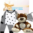 Baby gift set with black and white striped outfit and teddy bear named 'Ben' from The Baby Gift Company.