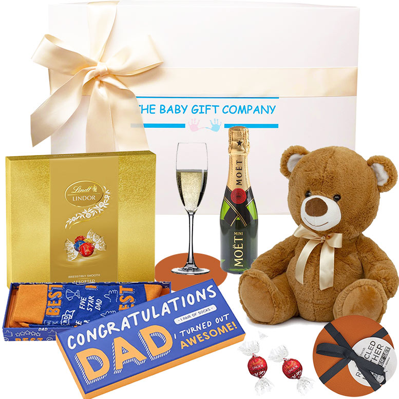 baby gift set with teddy bear, dad sock and champagne