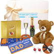 baby gift set with teddy bear, dad sock and champagne